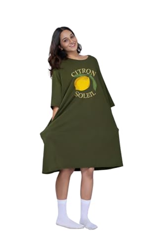 Image of LAMA STORE Women's Printed Oversized T-Shirt Dress, Cotton, 3 /4 Sleeve Length, Casual Loose Fit, Comfort Wear Extra Comfy Oversized Printed Pocket T-Shirt Dress