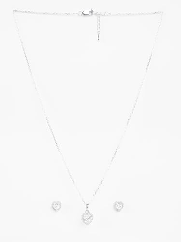 Image of Clara 925 Sterling Silver Zilvia Heart Solitaire Pendant Earrings Chain Ring Bracelet Jewellery Set | Platinum Plated, Swiss Zirconia |Gift for Women and Girls