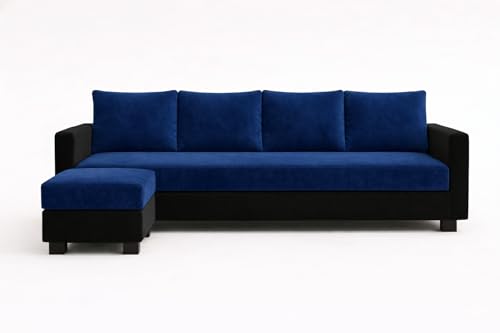 Image of SOCOZI Braven 5 Seater L Shape Sofa Set with Movable Ottoman | Flexible Layout | Soft Velvet Suede Fabric | Modern Design | Plush Comfort Cushions for Living Room (Dark Blue-Black)