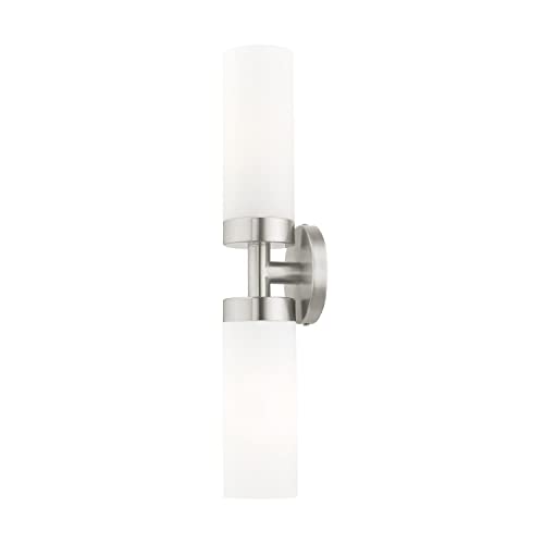 Image of Livex Lighting 15072-91 Aero Collection ADA 2-Light Bathroom Vanity Light with Satin Opal White Glass Cylinder Shades, Brushed Nickel, 19.25 x 4.25 | Dimensions: 19.25 x 4.25; Satin Opal White Glass Cylinder Shades