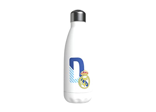 Real Madrid - Botella Agua de Acero Inoxidable, Cierre Hermético, con Diseño Letra D en Azul, 550 ml, Color Blanco, Producto Oficial (CyP Brands)