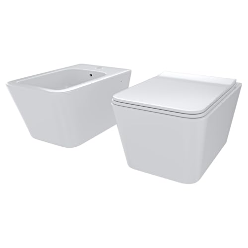 Coppia Sanitari Sospesi Vaso WC E Bidet Sospeso Design Moderno Quadrato In Ceramica Con Copriwater Chiusura Soft Close Chiusura Rallentata Colore Bianco Lucido