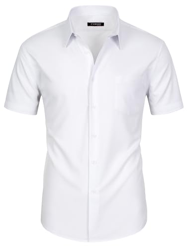 FAHIZO Herren Hemd Regular Fit Einfarbiges Kurzärmeliges Hemd mit Brusttasche Casual,Business & Formal Button Up Hemd für Büro, Weiß-L