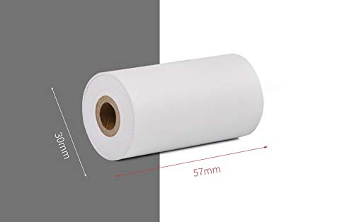 Diagram showing a thermal paper roll with dimensions labeled: 57mm width and 30mm diameter.