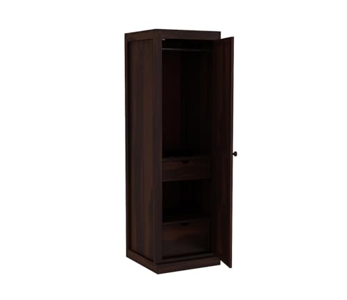Image of Sheesham Wood Wooden Single Door Wardrobe Organizer for Clothes | - Solid Wood Almirah with 2 Drawers, 2 Shelves with Hanging Space - Cupboard for Large Bedroom, Walnut Finish