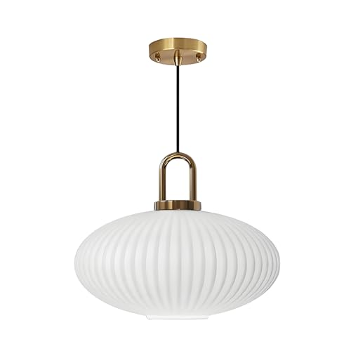 XIRYTU-H Suspension Moderne en Verre Blanc à Rayures, Lampe Suspendue à Hauteur Réglable avec Finition Laiton, Plafonnier E27 pour Cuisine, Chambre et Salle à Manger (30cm)