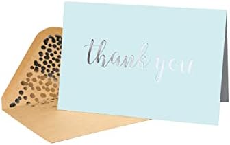 Thank You Cards - Blank 50 Pack Baby Blue Matte Finish Cards with Silver Foiled "Thank You" Printed with 52 Confetti Design Kraft Envelopes 4" x 6" - for Bridal Shower Baby Shower Birthday Party