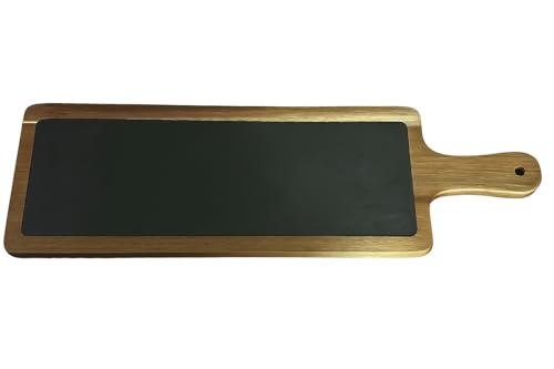 Servierbrett mit Griff 45x15 cm – Akazienholz Servierbrett mit Schiefereinsatz – Rechteckiges Käsebrett, Antipasti-Platte, Frühstücksbrett, Tapas Brett, rustikal & elegant