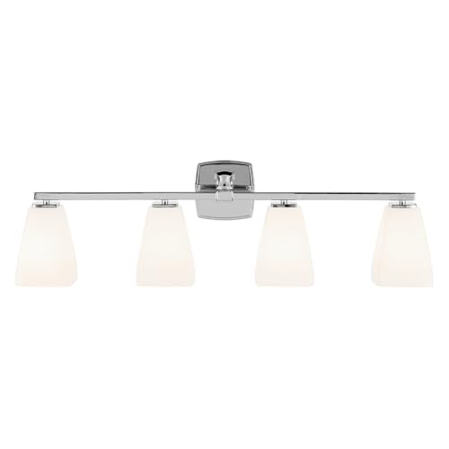 Image of Kichler Marant 4-Light Bathroom Vanity Light Fixture with Opal Glass, Modern Chrome Wall Mount Over Mirror for Powder Room (33.25 in x 9.5 in x 6.75 in), 55217CH