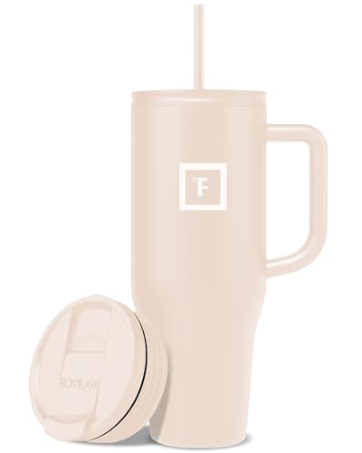 Image of IRON FLASK Co-Pilot Insulated Mug w /Straw & Flip Cap Lids - Cup Holder Bottle for Hot, Cold Drink - Leak-Proof - Water, Coffee Portable Travel Mug - Sand, 40 Oz