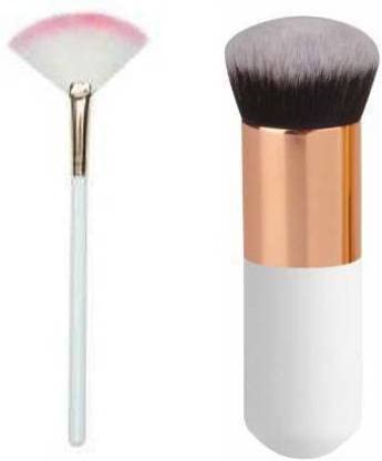 SUNISA 1 White Slim Fan Makeup Highlighter Cosmetic Makeup Brush and 1 White Mini Foundation Brush for Womens and Girls - (Pack of 2)-image-5