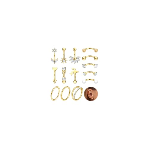 Milacolato 14 Stück Rook Augenbrauen Piercings Gold Silber Augenbrauenpiercing Edelstahl Curved Barbel Nasenpiercing Septum Daith Conch Ring 16G Piercing Ohr Banane Schmuck 8MM