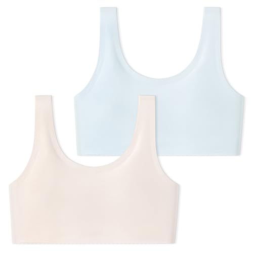 DRMYDRM Training Bras for Girls 8-14 Seamless First Bra Soft Girls Sports Bras Comfortable Bralette with Built-in Pads (US, Alpha, Medium, Beige+Blue)
