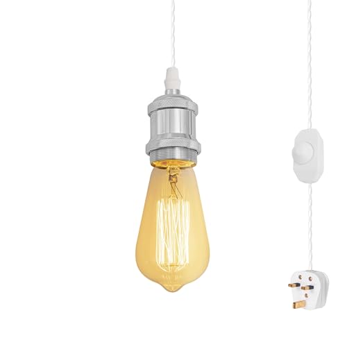 FSLiving 4.5 Meters of White Twisted Fabric Cable Plug In Pendant Lighting Kit Pendant Light Fitting with Dimmer Switch and E27 Silver Lamp Holder