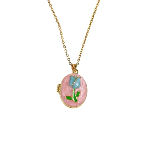DIAMANTIO 18K Gold Plated Oval Locket Necklace with Blue Rose Enamel – Vintage Pink Floral Pendant Keepsake Jewelry