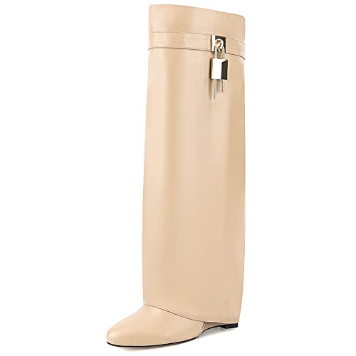 Image of Fold Over Boots for Women Pointy Pull-on Wedge Heel Knee Shark Boot With Side Zipper Padlock Design