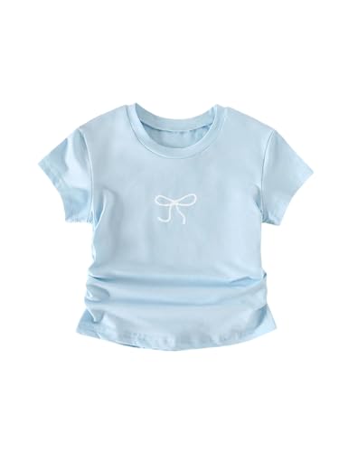 Floerns Girl's Bow Printed Ruched Tee Top Short Sleeve Crew Neck Casual Cute T Shirt