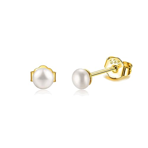 Pearl Stud Earrings Sterling Silver Small Tiny 3-5mm White Freshwater Pearl Earrings Studs Silver/Gold for Women