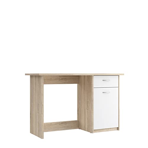 FORTE Balios Schreibtisch mit 1 Tür und 1 Schublade, Holzwerkstoff, Sonoma Eiche Dekor kombiniert mit Weiß , B x H x T: 123 x 77,7 x 50 cm