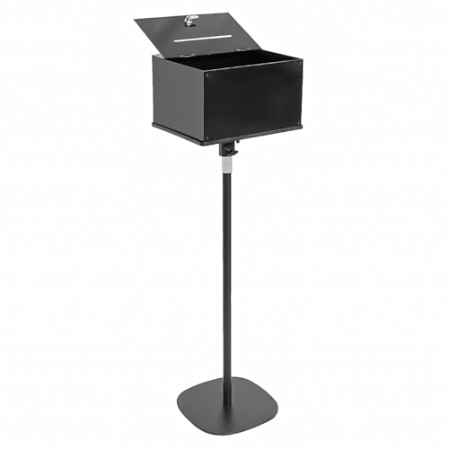 Tredre Heavy-Duty Floor-Standing Suggestion Box w/Lock - Ideal for Voting, Charity, & Church Elections. Upgraded Metal Ballot Collection Safe w/Stand. Large & Sleek in Black