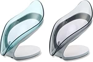 Soap Holder 2-Pack Anti-Slip Base Decorative Leaf Soap Dish Bar Soap Dish with Auto Drain Brush Holder Sponge Holder for Bathroom Kitchen Toilet Black/Blue