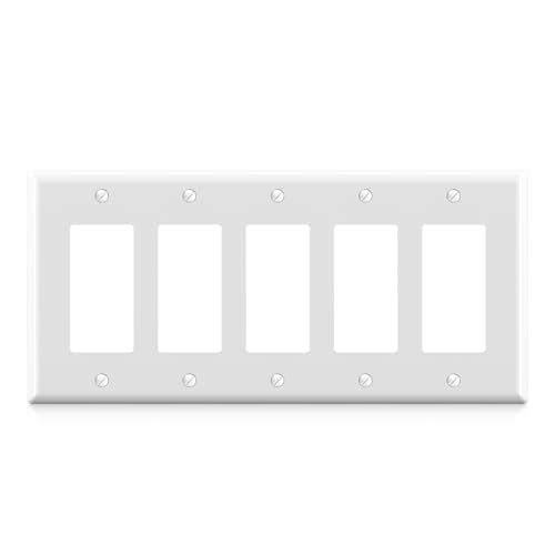 ELEGRP 5-Gang Decorative Wall Plates Standard Size 4.52 H x 10.03 L Unbreakable Thermoplastic Faceplate Cover for Decorator Receptacle Outlet Switch UL Listed (1 Pack Glossy White)