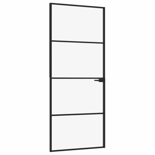 vidaXL Puerta de cristal, puerta interior de vidrio con marco de aluminio, puerta interior con mango de aleación para baño, sala de estar, vidrio templado negro y aluminio delgado