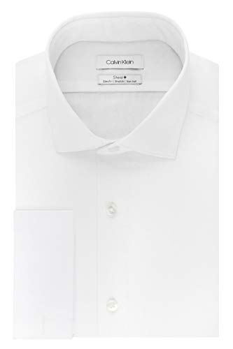 Calvin Klein Men's Dress Shirt Slim Fit Non Iron Stretch Solid French Cuff, White, 17" Neck 32"-33" Sleeve