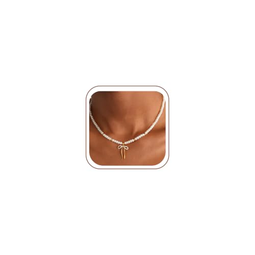 Fimhut Mother Day Gift - Bow Necklaces Dainty 14K-Gold-Plated Cute Choker Necklace Fashion Bow Pendant Necklaces Personalized Trendy Jewelry Gift for Teenage Girl Women - image 1