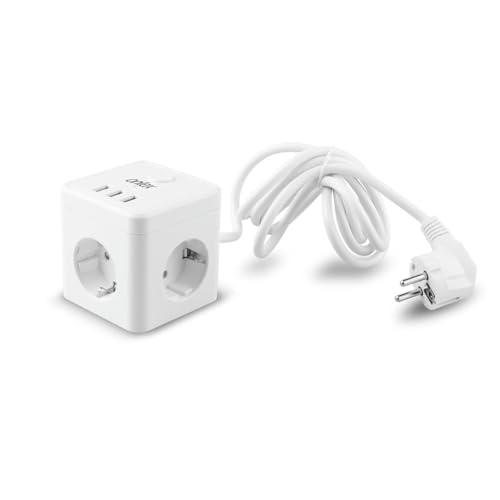 POWERCUBE 10A: Multiplicador de energía con 3 tomas de corriente y 3 puertos USB. Cable de 1,5 m en elegante color blanco. Ideal para tus dispositivos electrónicos.