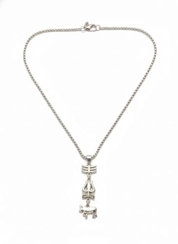 Image of Trishul Damru Nandi Pendant Necklace for Men | Silver Plated Mahadev Shiv Chain | Spiritual Religious Stainless Steel Look Jewelry for Daily Wear & Gifting
