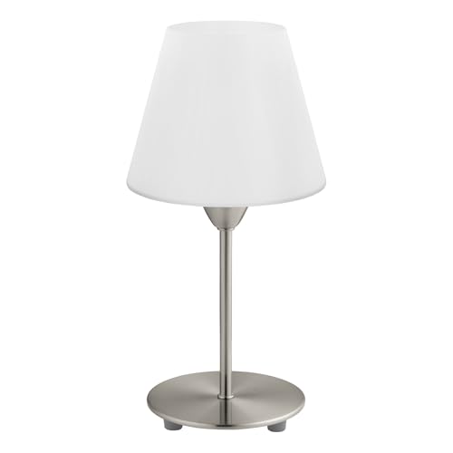 EGLO Tischlampe Damasco 1, Tischleuchte, Nachttischlampe aus Metall in Silber und Glas in Weiß, Wohnzimmerlampe, Lampe mit Schalter, E14 Fassung