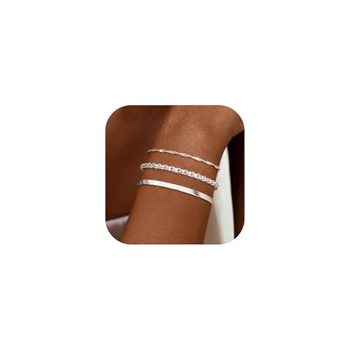 Adramata 3Pcs Pulsera de Plata de Ley 925 con Cierre para Mujer Niñas Pulseras Ajustables Apilables Pulseras de Cadena de Serpiente Pulseras Mujer Plata Joyería Regalos con Caja