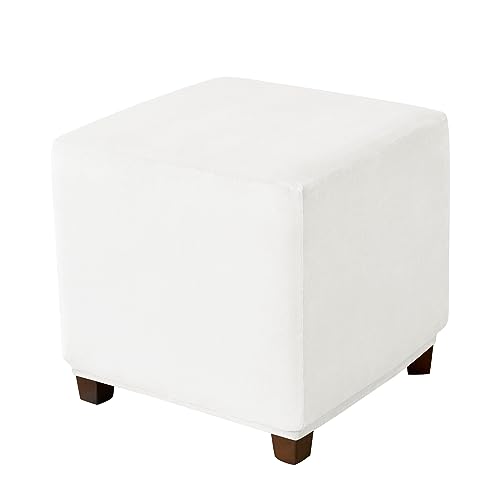 CONRUSER Stretch Ottoman Covers, Soft Square Ottoman Slipcover Velvet Storage Stool Cover Footstool Slipcover for Living Room Furniture Protector (White, Small)