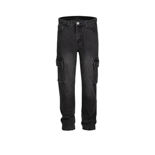 Black Gray Multi Pocket Straight Leg Pants, Unisex Washed and Ground White Jeans