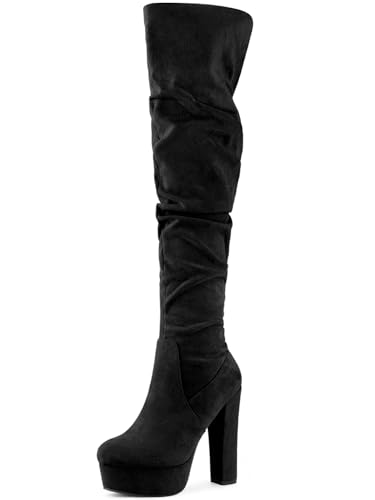 Allegra K Women's Platform Round Toe Zipper Slouch Heel Over the Knee Thigh High Boots