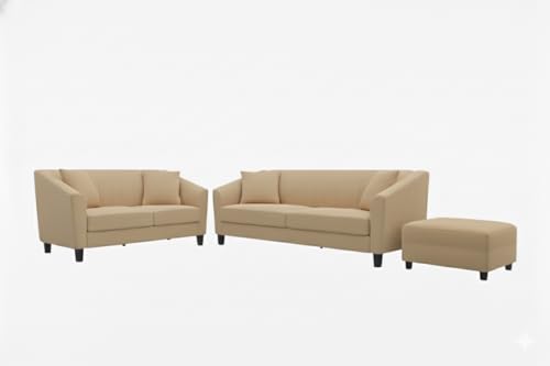 Image of Avion Natalia 3+2 Seater Sofa Set with Ottoman for Living Room Beige | Modern 6 Person Sofas Furniture | Fabric Sofa Set 6 Seater Couch for Guests Room Festival Gifts