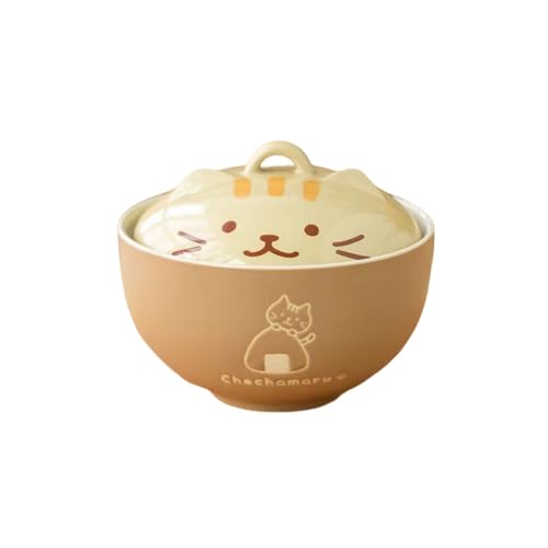 どんぶり 食器 猫柄 ラーメン丼 蓋付き 大容量 キッチン用品 セラミッ ご飯 和食器 ご飯 即席めん丼 スープボウル キッチンの朝食にオートミール 食洗機/電子レンジ対応 (カーキ)