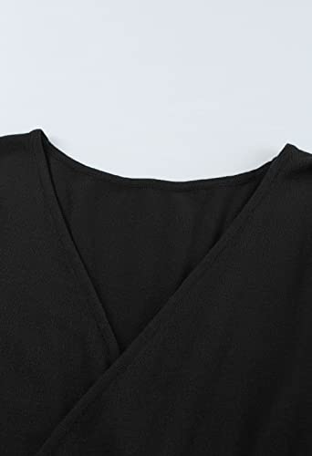 Midi Sweater Dress Women Long Sleeve Wrap V Neck Pleated Frilled Ribbed Bodycon Dresses Black Xl #TOP5