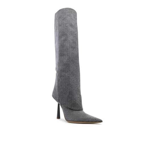 Image of Goolita Fold Over Boots For Women, Pointed Toe Stiletto Heel Knee High Boots Fashion Comfortable Slip On Tall Boots