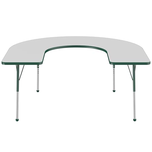 Image of FDP Horseshoe Activity School and Office Table (60 x 66 inch), Standard Legs with Ball Glides for Collaborative Seating Environments, Adjustable Height 19-30 inches - Gray Top and Green Edge