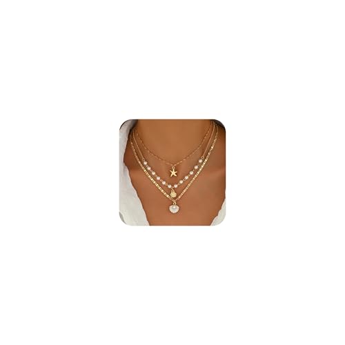 Charm Shell Necklace for Women Layered Gold Seashell Starfish Pearl Necklaces 14k Gold Plated Stackable Neck Chain Summer Beach Hawaiian Jewelry Accessories for Her