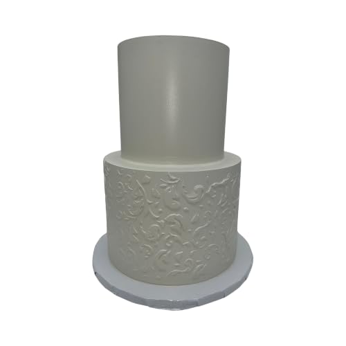 FromJennWithLove 2 Tier Fake Wedding Cake with Stencil Texture, 12" Tall Handcrafted Ivory Display Cake – 4-Day Artisan Process, Made in USA – Reusable for Weddings & Events