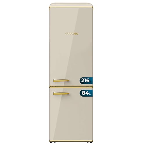 Cecotec Frigorífico Combi 2 Puertas Retro de 300 L Bolero CoolMarket Combi Origin 300 Beige E. Altura 191,5 cm y 60 de Ancho, Control de Temperatura, Tirador Cromado y Bandejas de cristal, Beige