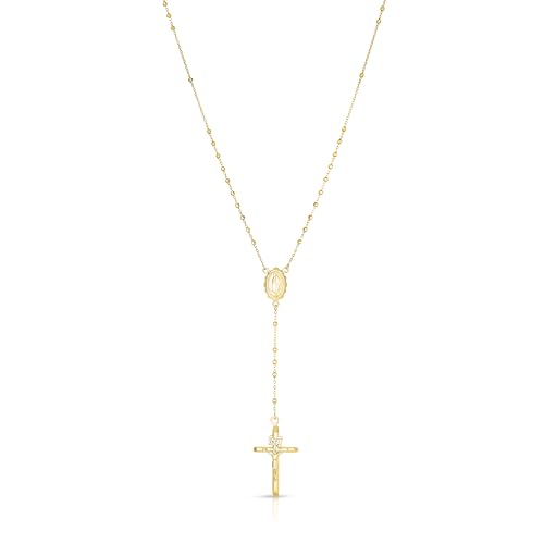 Floreo 10k Yellow Gold or Tri-Gold 2mm Rosary with Virgin Mary Medal and Crucifix of Jesus Cross Pendant Chain Necklace