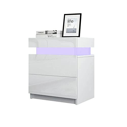 Table de chevet LED et commode blanche laquée à deux tiroirs