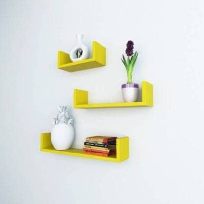 Image of DECORVISTA Wooden Handcrafted Wall Shelf Beautiful Floating Wall Racks Shelves Living & Bed Room Decor U Shaped Set of 3 (Multi) (Yellow)