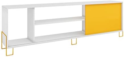 طاولة حمل شاشة تلفاز قياس 50 بوصة مع ثلاثة رفوف مفتوحة وخزانة من بي ار في موفيز - بلون ابيض واصفر، قياس: 56 × 180 × 29.4 سم