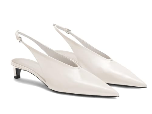 Coutgo Womens Low Kitten Heels Slingback Closed Pointed Toe V-Cut Business Work Pumps Dress Shoes, Creamy White, Size 7.5