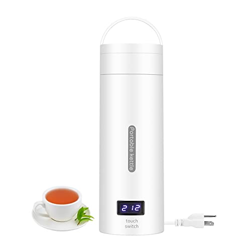 Portable Travel Electric Kettle, 350ml Small Electric Tea Kettle with 4 Temperature Control, Mini Portable Hot Water Boiler 304 Stainless Materials Automatic Shut off and Dry Protection (White)